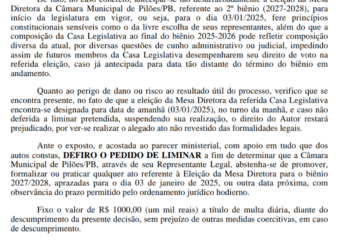 Mais uma! justiça suspende eleição antecipada da câmara de Pilões