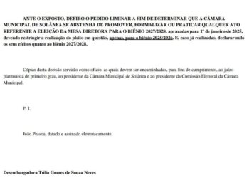 Justiça suspende eleição da Mesa Diretora da Câmara municipal de Solânea para 2027/2028